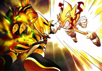 2boys armor cap enerjak_(sonic) fighting fleetway_super_sonic gloves gold_armor highres im_lazy_sheck_lol knuckles_the_echidna mask multiple_boys sharp_teeth smile sonic:_execution_(comic) sonic_(series) sonic_the_comic sonic_the_hedgehog sonic_the_hedgehog_(archie_comics) super_sonic teeth white_gloves