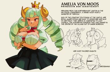 1girl 2boys amelia_von_moos animal_ears animal_nose arm_under_breasts bracelet breasts choker cleavage commentary cropped_legs crown doodle_inset drill_hair english_commentary english_text finger_to_cheek frilled_choker frills furry furry_female goat_ears goat_girl goat_horns goat_tail gold_bracelet gold_crown gold_horns green_hair hand_up high-waist_skirt highres horns jeweled_crown jewelry large_breasts long_hair low_neckline mini_crown multiple_boys original princess red_choker red_eyes reference_sheet skirt smile tail thernz twin_drills upper_body