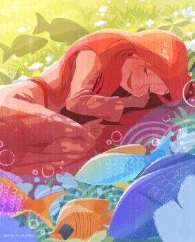 Rule 34 | 1girl, air bubble, ariel (disney), bubble, closed eyes, commentary request, dreaming, dress, feet out of frame, fish, flower, grass, highres, light blush, long dress, long hair, naco oekaki, pink dress, red hair, red lips, sleeping, smile, solo, swept bangs, the little mermaid (disney), twintails, white flower