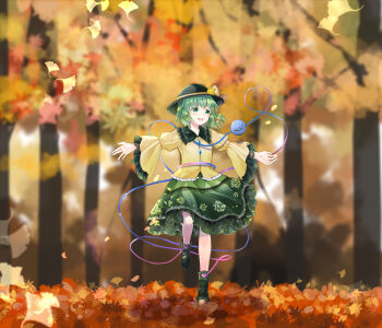 1girl autumn autumn_leaves black_hat boots bow buttons commentary_request diamond_button eyeball falling_leaves floral_print forest frilled_shirt_collar frilled_skirt frilled_sleeves frills ginkgo_leaf green_boots green_eyes green_hair green_skirt hat hat_bow heart heart_of_string highres komeiji_koishi leaf leg_up long_sleeves minatsuki_yurara nature outdoors outstretched_arms print_skirt rose_print shirt skirt solo spread_arms standing standing_on_one_leg third_eye touhou tree wide_sleeves yellow_bow yellow_shirt