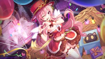 Rule 34 | 1girl, :d, armpit peek, artist request, balloon, bare arms, bare shoulders, blurry, blurry background, blurry foreground, bow, box, breasts, circle skirt, concert, confetti, crowd, depth of field, dutch angle, feet out of frame, floating hair, frilled tube top, frills, fujita kana, game cg, gift, gift box, glowstick, green ribbon, groin, hair between eyes, hands up, hat, hat ornament, headset, heart, heart hands, highres, idol, light bulb, long hair, looking at viewer, lower teeth only, mahjong soul, medium breasts, microphone, midriff, miniskirt, navel, non-web source, official art, one eye closed, open mouth, pink hair, raised eyebrow, red bow, red eyes, red headwear, red skirt, red tube top, ribbon, sideboob, silhouette, skirt, smile, snowflake ornament, solo focus, standing, standing on one leg, star (symbol), star hat ornament, strapless, teeth, thighhighs, top hat, tube top, very long hair, white thighhighs, white wings, wings, wrist bow, yellow ribbon