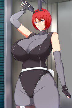 1girl adapted_costume alternate_breast_size_(larger) animal_ears arm_at_side arm_up arms_up black_gloves black_leotard bodysuit breasts brown_eyes covered_collarbone covered_erect_nipples cowboy_shot detached_sleeves dino_crisis eyelashes fake_animal_ears fake_tail female_focus fingerless_gloves gloves grey_bodysuit grey_sleeves huge_breasts indoors leotard looking_at_viewer medium_hair parted_lips rabbit_ears rabbit_tail red_hair ref_np111 regina_(dino_crisis) sleeveless sleeveless_bodysuit solo standing tail teeth variant_set wide_hips