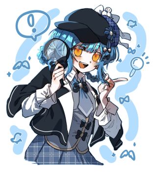 Rule 34 | !, 1girl, black capelet, black hat, blue hair, blue necktie, blue skirt, braid, braided hair rings, capelet, collared shirt, commentary, cowboy shot, deerstalker, detective, grey vest, hair rings, hands up, hat, highres, holding, holding magnifying glass, index finger raised, kimburgertwo, long sleeves, looking at viewer, magnifying glass, mahou shoujo no majo saiban, necktie, open mouth, orange eyes, plaid clothes, plaid skirt, shirt, short hair, skirt, smile, solo, spoken exclamation mark, symbol-only commentary, tachibana sherry, vest