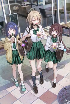 3girls bag blonde_hair blue_hair brown_hair brown_jacket cafe checkered_clothes checkered_skirt commentary_request day drinking food green_skirt highres ice_cream jacket long_hair miniskirt multiple_girls original outdoors pink_eyes pleated_skirt school_uniform shirt shoulder_bag skirt smile syuri22 walking white_shirt