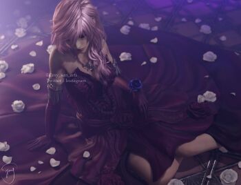 1girl 3d commentary dress emy-san english_commentary final_fantasy final_fantasy_xiii highres jewelry lightning_farron lightning_returns:_final_fantasy_xiii necklace official_alternate_costume on_floor petals pink_hair purple_dress rose_petals