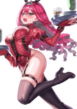 1girl absurdres animal_ears baobhan_sith_(fate) blush boots breasts embarrassed fake_animal_ears fate/grand_order fate_(series) grey_eyes highres holding holding_tray katashiro knee_up leotard long_hair looking_at_viewer open_mouth pink_hair rabbit_ears red_leotard solo sweat thigh_boots tray white_background