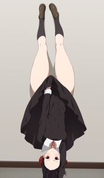 1girl black_dress black_hair black_socks blush bow bowtie breasts brown_footwear collared_dress coro_fae dress hair_ribbon handstand highres kaguya-sama_wa_kokurasetai_~tensai-tachi_no_renai_zunousen~ kneehighs long_sleeves looking_at_viewer lycoris_challenge_(meme) lycoris_recoil medium_breasts meme one_arm_handstand parody pleated_dress red_eyes red_ribbon ribbon scene_reference school_uniform shinomiya_kaguya short_hair shuuchiin_academy_school_uniform socks thick_thighs thighs upside-down