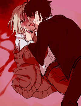 Rule 34 | 2boys, absurdres, akinashi haru, all fours, blood, blush, brown cardigan, cardigan, commentary request, crying, crying with eyes open, formal clothes, french kiss, hands on another's neck, highres, kiss, lying, male focus, multiple boys, off shoulder, on back, pool of blood, red eyes, saihate eki, strangling, sweat, tatsunami shion, tears, user zyxa4732, yaoi, yukadon