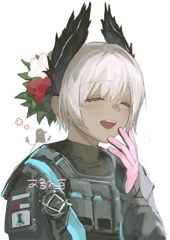 1girl ^_^ absurdres arknights arleth black_gloves black_jacket black_shirt closed_eyes commentary_request flower gloves grey_hair highres jacket laughing long_sleeves open_mouth partial_commentary pink_gloves portrait raidian_(arknights) red_flower shirt short_hair simple_background smile solo turtleneck turtleneck_shirt white_background white_flower