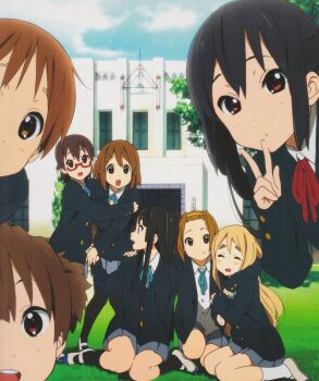 Rule 34 | 6+girls, akiyama mio, arm around shoulder, black hair, black pantyhose, black socks, blonde hair, blue sky, blush, brown eyes, brown hair, building, bushy eyebrows, closed eyes, closed mouth, cloud, dot nose, feet out of frame, female focus, forehead, full body, glasses, grass, hair between eyes, hair ornament, hairclip, headband, highres, hirasawa ui, hirasawa yui, hug, jacket, k-on!, kotobuki tsumugi, long hair, long sleeves, manabe nodoka, multiple girls, nakano azusa, official art, open clothes, open jacket, open mouth, outdoors, pantyhose, ribbon, school, school uniform, shirt, shoes, short hair, siblings, sisters, sitting, skirt, sky, smile, socks, suzuki jun, tainaka ritsu, teeth, thick eyebrows, uwabaki, v, white shirt, white socks, window, yellow headband