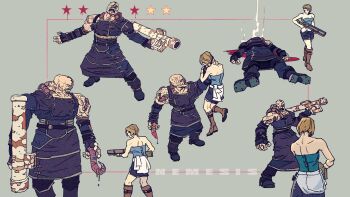 1boy 1girl black_skirt blood blue_tube_top clothes_around_waist grenade_launcher grey_background highres jill_valentine miniskirt multiple_views nemesis_(resident_evil) one-eyed resident_evil resident_evil_3:_nemesis rocket_launcher simple_background skirt star_(symbol) strapless sweater sweater_around_waist tentacles tube_top vitaliy_shushko weapon