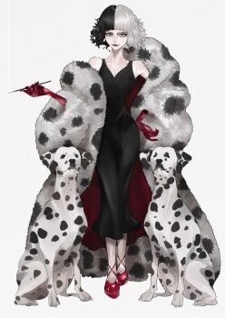 101_dalmatians 1girl animification bad_id bad_pixiv_id black_dress black_hair breasts cleavage coat collarbone cruella_de_vil dalmatian dalmatian_print disney dog dress elbow_gloves fur_coat gloves grey_background grey_eyes highres holding holding_smoking_pipe mano_aaa medium_breasts mole mole_under_eye multicolored_hair red_footwear red_gloves smoking_pipe solo_focus two-tone_hair white_hair