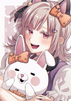 1girl :d animal_ears blush blush_stickers bow cat_ears danganronpa_(series) danganronpa_2:_goodbye_despair ear_bow flipped_hair hair_ornament highres mai_duo medium_hair nanami_chiaki open_mouth orange_bow pink_eyes puffy_short_sleeves puffy_sleeves short_sleeves smile teeth tongue usami_(danganronpa) white_background