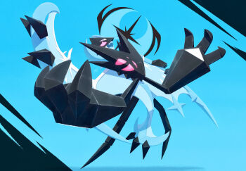 armor bat_(animal) black_armor black_gemstone blue_background claws commentary_request crescent crystal ewokakukaede fang gem gen_7_pokemon glowing glowing_eyes highres legendary_pokemon necrozma necrozma_(dawn_wings) nintendo no_humans open_mouth pokemon pokemon_(creature) pokemon_focus red_eyes skin_fang smile solo sparkle star_(symbol)