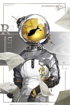Rule 34 | 1boy, black gloves, bodysuit, border, facing viewer, falling paper, ferrofluid, fish, fishbowl helmet, gloves, grey shrug, highres, holding, holding paper, jumpsuit, male focus, object head, paper, reverse:1999, rollbananana, shrug (clothing), signature, solo, spacesuit, twitter username, ulrich (reverse:1999), upper body, white background, white bodysuit, white border, white jumpsuit