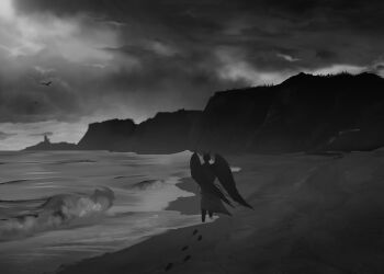 1boy absurdres black_hair black_wings cloud cloudy_sky coat demon_horns feathered_wings footprints from_behind full_body grey_sky highres horns kim_dokja male_focus monochrome mountainous_horizon official_alternate_costume omniscient_reader&#039;s_viewpoint open_clothes open_coat outdoors shore short_hair simple_bird sky solo standing waves white_coat wings yu_shiro_ki