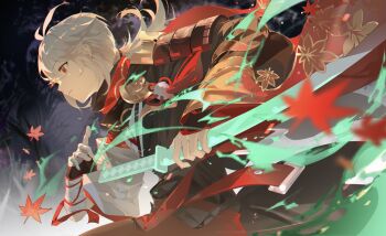 1boy absurdres antenna_hair armor asymmetrical_sleeves bandaged_arm bandaged_hand bandages black_gloves black_scarf blurry blurry_background chinese_commentary closed_mouth commentary_request crossed_bangs energy energy_sword falling_leaves fighting_stance fingerless_gloves floating_hair frown genshin_impact gloves hair_between_eyes hand_up haori highres holding holding_sword holding_weapon japanese_armor japanese_clothes kaedehara_kazuha katana kimono leaf leaf_print leleyoukuailele long_sleeves looking_ahead low_ponytail male_focus maple_leaf maple_leaf_print medium_hair mismatched_sleeves multicolored_hair pom_pom_(clothes) ponytail profile ready_to_draw red_eyes red_hair red_ribbon red_scarf ribbon scarf serious short_sleeves shoulder_armor sidelocks single_sode sode solo streaked_hair sword tassel weapon white_hair white_kimono wide_sleeves