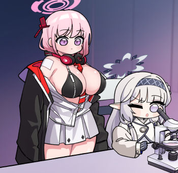 2girls :o between_breasts bikini black_bikini black_jacket blue_archive breasts cleavage closed_mouth commentary_request eimi_(blue_archive) golmonggu grey_hairband hair_ornament hair_tubes hairband halo headphones headphones_around_neck highres himari_(blue_archive) jacket korean_commentary large_breasts long_hair microscope miniskirt multiple_girls necktie necktie_between_breasts one_eye_closed open_clothes open_jacket partially_unbuttoned pink_hair pink_halo pleated_skirt purple_eyes red_necktie shirt sitting skirt standing swimsuit table white_hair white_halo white_jacket white_shirt white_skirt zipper_bikini