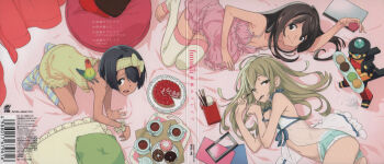 3girls absurdres album_cover aqua_bloomers ass babydoll bed_sheet bird black_hair bloomers blue_babydoll blue_bow blue_ribbon blue_socks bow bow_hairband bracelet brown_eyes brown_hair cover cup daitoku_junna dark-skinned_female dark_skin donut dress feet food food_in_mouth frilled_dress frills fruit fruit_tart fukuda_tomonori green_bloomers hair_bow hairband headband heart heart-shaped_pillow highres holding holding_food jewelry kneeling koujiro_frau lace_trim leg_warmers long_hair looking_at_viewer lying macaron multiple_girls navel nightgown notebook official_art on_bed on_shoulder on_side open_mouth parrot pillow pink_bow pink_nightgown pocky pocky_in_mouth ribbon ribbon_trim robotics;notes scan science_adventure senomiya_akiho sleeveless sleeveless_dress smile socks spaghetti_strap stirrup_footwear stirrup_legwear stomach strawberry strawberry_tart striped_clothes striped_socks sweets tan tarou_(robotics;notes) tart_(food) tea teacup teeth thighhighs toeless_legwear toes tongue toy_robot underwear wagashi white_thighhighs wrist_cuffs yellow_nightgown yellow_socks