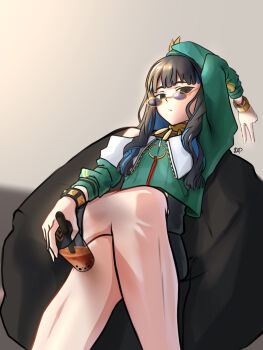 1girl bare_shoulders bean_bag_chair beret black_hair black_shorts blue_hair bracelet breasts colored_inner_hair crossed_legs cup dantonphanton disposable_cup eyeliner fate/grand_order fate_(series) green_hat green_jacket grey_eyes hat highres jacket jewelry long_hair long_sleeves looking_at_viewer makeup multicolored_hair neck_ring o-ring off_shoulder round_eyewear shorts sidelocks small_breasts solo sunglasses tenochtitlan_(fate) tenochtitlan_(second_ascension)_(fate) thighs zipper