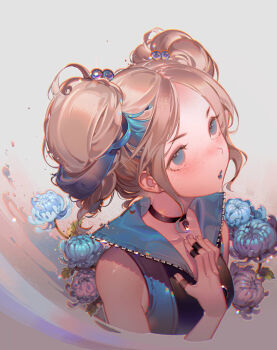 1girl bare_shoulders black_choker blonde_hair blue_eyes blue_flower blue_hair blue_lips blue_shirt blue_theme blush breasts choker chrysanthemum collarbone commentary_request cropped_torso duplicate flower freckles goutokuji_miyako grey_background hair_bobbles hair_ornament hand_on_own_chest kawacy lipstick looking_up makeup multicolored_hair parted_lips pixel-perfect_duplicate powerpuff_girls powerpuff_girls_z purple_flower rolling_bubbles shirt short_hair sidelocks simple_background sleeveless sleeveless_shirt small_breasts solo streaked_hair twintails two-tone_hair upper_body zipper