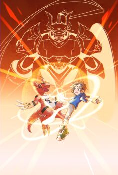 Rule 34 | blue hoodie, brown eyes, brown hair, digimon, digimon (creature), digimon tamers, dinosaur, dukemon, evolutionary line, goggles, goggles on head, guilmon, henshin, highres, hood, hoodie, matsuda takato, megane mochi, red background, simple background, transformation