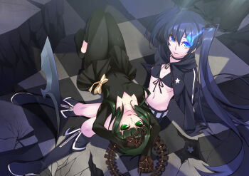 10s 2girls absurdres bikini bikini_top_only black_dress black_hair black_rock_shooter black_rock_shooter_(character) blue_eyes boots bz_(pixiv) dead_master dress flat_chest from_above glowing glowing_eyes green_eyes highres kokonoe_shuu lap_pillow long_hair midriff multiple_girls navel scar scythe shorts sitting swimsuit twintails very_long_hair