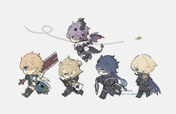 5boys albedo_(genshin_impact) aqua_eyes blonde_hair blue_hair blush_stickers boilmame braid chibi chibi_only dainsleif_(genshin_impact) flins_(genshin_impact) flying from_side genshin_impact half_up_braid highres horns leaf mini_durin_(genshin_impact) mini_durin_(human)_(genshin_impact) multiple_boys pink_eyes purple_hair tail twitter_username varka_(genshin_impact) yellow_eyes