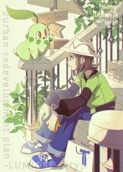 bell-bottoms blue_shoes brown_hair chikorita commentary english_text fukkatsu_no_maya gen_2_pokemon gen_4_pokemon green_jacket harmony_(pokemon) hat highres holding jacket mega_ring mega_stone nintendo pants plant pokemon pokemon_(creature) pokemon_legends:_z-a rotom rotom_phone shoes short_hair sitting sitting_on_stairs stairs striped_hat white_hat