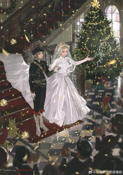 akihare black_hat black_jacket black_pants blonde_hair blurry blurry_foreground boots bouquet_toss breasts bridal_veil bride christmas_tree closed_mouth confetti couple dress grey_boots groom hat hetero highres holding_hands husband_and_wife indoors jacket korok link long_dress low_ponytail medium_breasts military_hat military_uniform nintendo outstretched_arm pants parted_bangs parted_lips poi ponytail princess_zelda smile stairs the_legend_of_zelda the_legend_of_zelda:_breath_of_the_wild updo veil wedding_dress