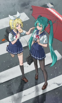 2girls absurdres aqua_eyes aqua_hair backpack bag black_pantyhose black_socks blonde_hair blue_eyes blue_skirt bow bread bread_slice breasts brown_shoes cheek_poking crosswalk food food_in_mouth hair_bow hair_ornament hairclip hatsune_miku headphones highres holding holding_bag holding_umbrella kagamine_rin linsuan_er_qing_an long_hair looking_at_another mouth_hold multiple_girls pantyhose parallel_hairclips poking rain school_uniform serafuku shared_umbrella shoes short_hair skirt small_breasts socks standing toast toast_in_mouth twintails umbrella very_long_hair vocaloid white_bow
