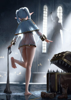 1girl absurdres altar ass backlighting bare_legs barefoot black_pantyhose blurry blurry_background boots bottomless candle capelet earrings elf excessive_saliva fangs feet frieren from_behind gold_trim grey_hair highres holding holding_unworn_clothes indoors leg_up light_particles light_rays linoir long_hair long_pointy_ears mimic mimic_chest no_panties pants pantyhose pointy_ears saliva saliva_trail see-through_clothes sharp_teeth soles solo sousou_no_frieren standing standing_on_one_leg statue teardrop_earrings teeth thighs toes twintails undressing unworn_boots unworn_pants unworn_pantyhose wet wet_clothes white_capelet window