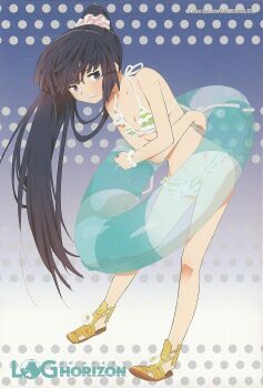 Rule 34 | 10s, 1girl, 3:, akatsuki (log horizon), bikini, black hair, blush, copyright name, female focus, hara kazuhiro, highres, innertube, log horizon, long hair, looking at viewer, ponytail, purple eyes, sandals, side-tie bikini bottom, solo, striped bikini, striped clothes, swim ring, swimsuit, very long hair