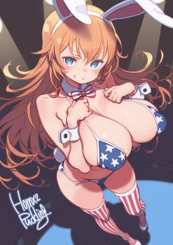 Rule 34 | 1girl, american flag, american flag bikini, american flag print, animal ears, bikini, blue eyes, breasts, charlotte e. yeager, commentary request, flag print, flag print bikini, highres, long hair, looking at viewer, print bikini, puddinghomhom, rabbit ears, smile, solo, strike witches, striped clothes, striped thighhighs, swimsuit, thighhighs, world witches series
