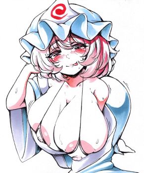 1girl areola_slip bikini blue_hat blush breasts cleavage commentary_request covered_erect_nipples full_body hand_in_own_hair hat highres looking_at_viewer micro_bikini mob_cap nemonadi pink_eyes pink_hair saigyouji_yuyuko short_hair simple_background solo sweat swimsuit touhou triangular_headpiece upper_body white_background