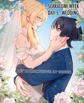 1boy 1girl alternate_costume alternate_universe antenna_hair arm_around_back bare_shoulders black_eyes black_hair blonde_hair blue_flower blue_jacket blue_necktie blue_sleeves blunt_ends blush bow bridal_veil carrying carrying_person closed_mouth collarbone collared_shirt contemporary couple dress dress_shirt eyeliner eyeshadow fingernails floral_border flower genshin_impact hair_flower hair_ornament hand_on_another&#039;s_ass hetero hug jacket layered_sleeves leaf long_sleeves looking_at_another lumine_(genshin_impact) makeup meilynn-hayakan multicolored_flower necktie off_shoulder open_mouth red_eyeliner red_eyeshadow scaramouche_(genshin_impact) see-through_clothes see-through_veil shirt short_hair short_hair_with_long_locks sidelocks sleeve_bow strapless strapless_dress suit_jacket teeth twitter_username undershirt upper_teeth_only veil watermark wedding wedding_dress white_bow white_dress white_flower white_sleeves white_veil yellow_eyes