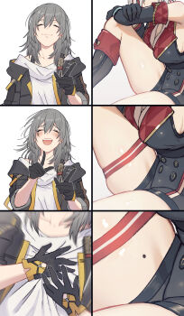 2girls absurdres black_coat black_gloves black_unitard coat drakeposting_(meme) gloves good_thighs_day grey_hair hashtag-only_commentary highres honkai:_star_rail honkai_(series) medium_hair meme mole mole_on_thigh multiple_girls shirt stelle_(honkai:_star_rail) thigh_focus thigh_strap thighs topaz_(honkai:_star_rail) trailblazer_(honkai:_star_rail) white_shirt yumegiwa_(skgl_thx) yuri