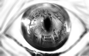 Rule 34 | 1boy, 1girl, absurdres, armor, blurry, broken mask, close-up, commentary request, eye focus, eye reflection, greyscale, haidate, highres, japanese armor, japanese clothes, katana, kimono, kiss-shot acerola-orion heart-under-blade, long hair, mask, monochrome, monogatari (series), oshino shinobu, reflection, sad, sheath, sheathed, shishirui san, shishirui seishirou, sword, weapon, wide sleeves