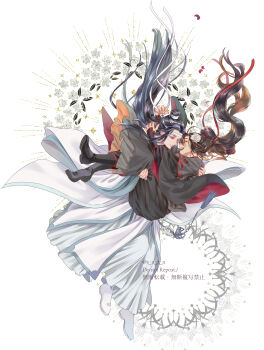 Rule 34 | 2boys, absurdres, ahoge, black boots, black hair, black hanfu, boots, brown hair, carrying, chinese clothes, closed eyes, closed mouth, commentary request, couple, falling leaves, floating clothes, floating hair, floral background, flower, full body, hair flower, hair ornament, hair ribbon, hanfu, headband, high ponytail, highres, hug, lan wangji, leaf, long hair, long sleeves, looking at another, male focus, modao zushi, multiple boys, open mouth, ponytail, princess carry, red ribbon, ribbon, robe, s n z n, sidelocks, sleeves past wrists, smile, sparkle, tassel, topknot, twitter username, very long hair, wei wuxian, white background, white flower, white hanfu, white headband, wide sleeves, xiao guan (headdress), yaoi, yaopei, yellow eyes