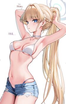 1girl armpits arms_behind_head arms_up bare_arms bare_shoulders bikini blonde_hair blue_archive blue_bikini blue_eyes blue_shorts braid breasts choker cowboy_shot cutoffs denim denim_shorts exposed_pocket halo highres lethe_(lethe187) long_hair looking_at_viewer medium_breasts mismatched_bikini navel open_fly parted_lips ponytail short_shorts shorts sidelocks simple_background skindentation solo stomach string_bikini swimsuit toki_(blue_archive) torn_clothes torn_shorts very_long_hair white_background white_bikini white_choker