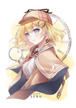 1girl blonde_hair blue_eyes bob_cut breasts brown_capelet capelet detective hair_ornament hat holding holding_magnifying_glass hololive hololive_english long_sleeves looking_at_viewer magnifying_glass mustache_print necktie plaid_clothes plaid_skirt pocket_watch red_necktie sebu_illust shirt short_hair short_necktie skirt smile solo virtual_youtuber watch watson_amelia watson_amelia_(1st_costume) white_shirt