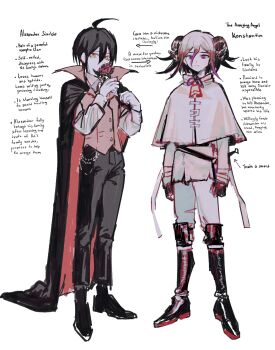 2boys absurdres ahoge black_boots black_cape black_hair black_pants black_shoes boots brown_vest cape clenched_hand danganronpa_(series) danganronpa_v3:_killing_harmony demon_boy demon_horns english_text ff9900 flower gloves hair_between_eyes highres holding holding_flower horns long_sleeves medium_hair multiple_boys oma_kokichi orange_eyes pants purple_eyes red_cape red_flower saihara_shuichi sheep_boy shirt shoes short_hair simple_background vampire vest white_background