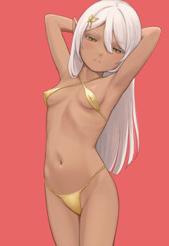1girl armpits arms_behind_head bikini blunt_ends breasts closed_mouth commentary_request covered_erect_nipples cowboy_shot criss-cross_halter dark-skinned_female dark_elf dark_skin elf expressionless gold_bikini hair_between_eyes hair_ornament halterneck highres kuroshiro00 long_hair looking_at_viewer micro_bikini navel orange_eyes original pointy_ears presenting_armpit red_background simple_background small_breasts solo stomach swimsuit white_hair