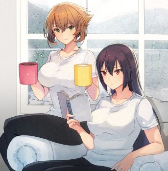 2girls black_hair black_pants breasts brown_hair collarbone cup green_eyes highres indoors kantai_collection kasumi_(skchkko) large_breasts long_hair looking_at_viewer mug multiple_girls mutsu_(kancolle) nagato_(kancolle) pants rain reading red_eyes seat shirt short_hair sitting smile white_shirt window