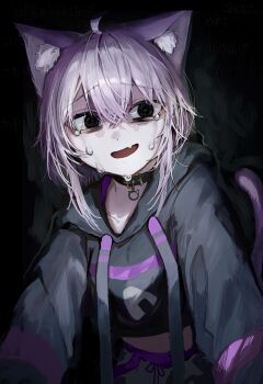 1girl absurdres ahoge animal_ear_fluff animal_ears black_background black_choker black_eyes black_hoodie cat_ears cat_girl cat_tail choker commentary_request cowboy_shot crazy crossed_bangs crying crying_with_eyes_open double-parted_bangs drawstring fang hair_between_eyes highres hololive hood hood_down hoodie long_sleeves looking_at_viewer midriff nekomata_okayu nekomata_okayu_(1st_costume) open_mouth purple_hair raised_inner_eyebrows short_hair simple_background skin_fang smile solo squiggle_eyes tail tears virtual_youtuber xue_lian_wa_noel