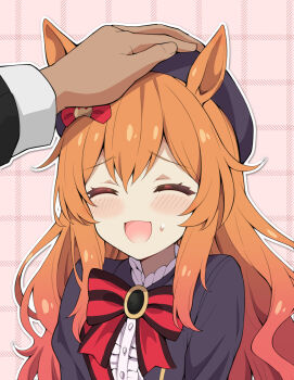 1boy 1girl absurdres blush breasts closed_eyes commentary_request commission g_goe hair_between_eyes hair_ornament highres horse_girl long_hair open_mouth portrait royal_family_(the_royal_family) simple_background skeb_commission small_breasts solo solo_focus sweatdrop the_royal_family