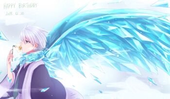 1046sstep_btoh 1boy bleach commentary_request daiguren_hyourinmaru_(bankai) dated from_side green_eyes haori happy_birthday highres hitsugaya_toushirou ice ice_wings japanese_clothes male_focus shihakusho solo taichou_haori white_hair wide_sleeves wings