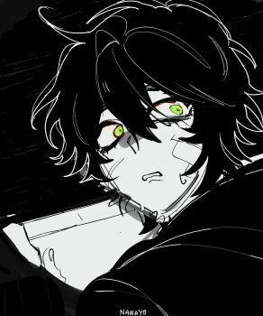 1boy absurdres artist_name black_hair black_hoodie degrees_of_lewdity green_eyes greyscale highres hood hoodie hyuwrii kylar_(degrees_of_lewdity) kylar_(male)_(degrees_of_lewdity) looking_back monochrome short_hair solo spot_color