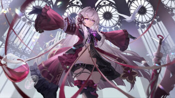 1girl absurdres alcohol bird black_shorts chinese_commentary coat commentary_request cup dove drinking_glass hair_intakes highres honkai_(series) honkai_impact_3rd indoors long_hair micro_shorts navel purple_eyes purple_ribbon red_coat ribbon shorts solo stomach sword t-pose thelema_nutriscu thelema_nutriscu_(mad_pleasure:_shadowbringer) thighs very_long_hair weapon white_hair wine wine_glass wobujidaoa