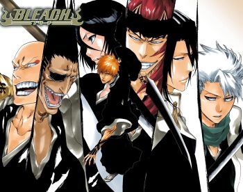1girl 6+boys abarai_renji bald_male black_hair black_headband bleach brown_eyes copyright_name eyepatch full_body hair_ornament haori headband hitsugaya_toushirou holding holding_sword holding_weapon houzukimaru_(shikai) japanese_clothes kubo_tite kuchiki_byakuya kuchiki_rukia kurosaki_ichigo long_hair madarame_ikkaku multiple_boys official_art open_mouth orange_hair ponytail red_hair scarf second-party_source shihakusho shikai short_hair simple_background spiked_hair sword teeth upper_body weapon white_background white_hair zangetsu_(shikai) zanpakutou zaraki_kenpachi
